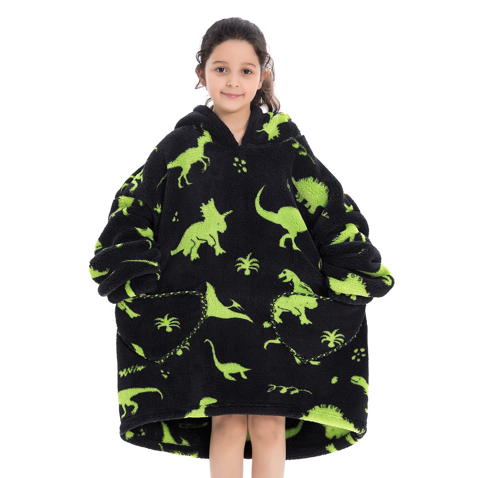 Wearable Blanket Hoodie For Kids 6-12Yr Oversized Animal Hooded Blanket Super Soft Comfortable Warm Flannel Green Dinosaur